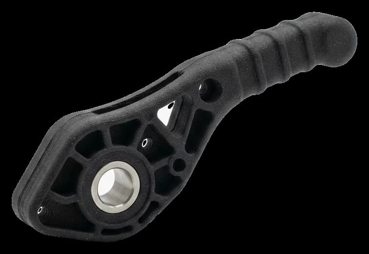 3D-printed lever with a bead-blasted surface and a steel bearing